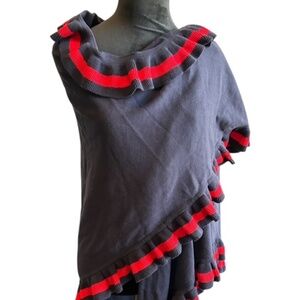 Talbots 100% Cotton Ruffle Trim Wrap | Navy Red Statement Shawl